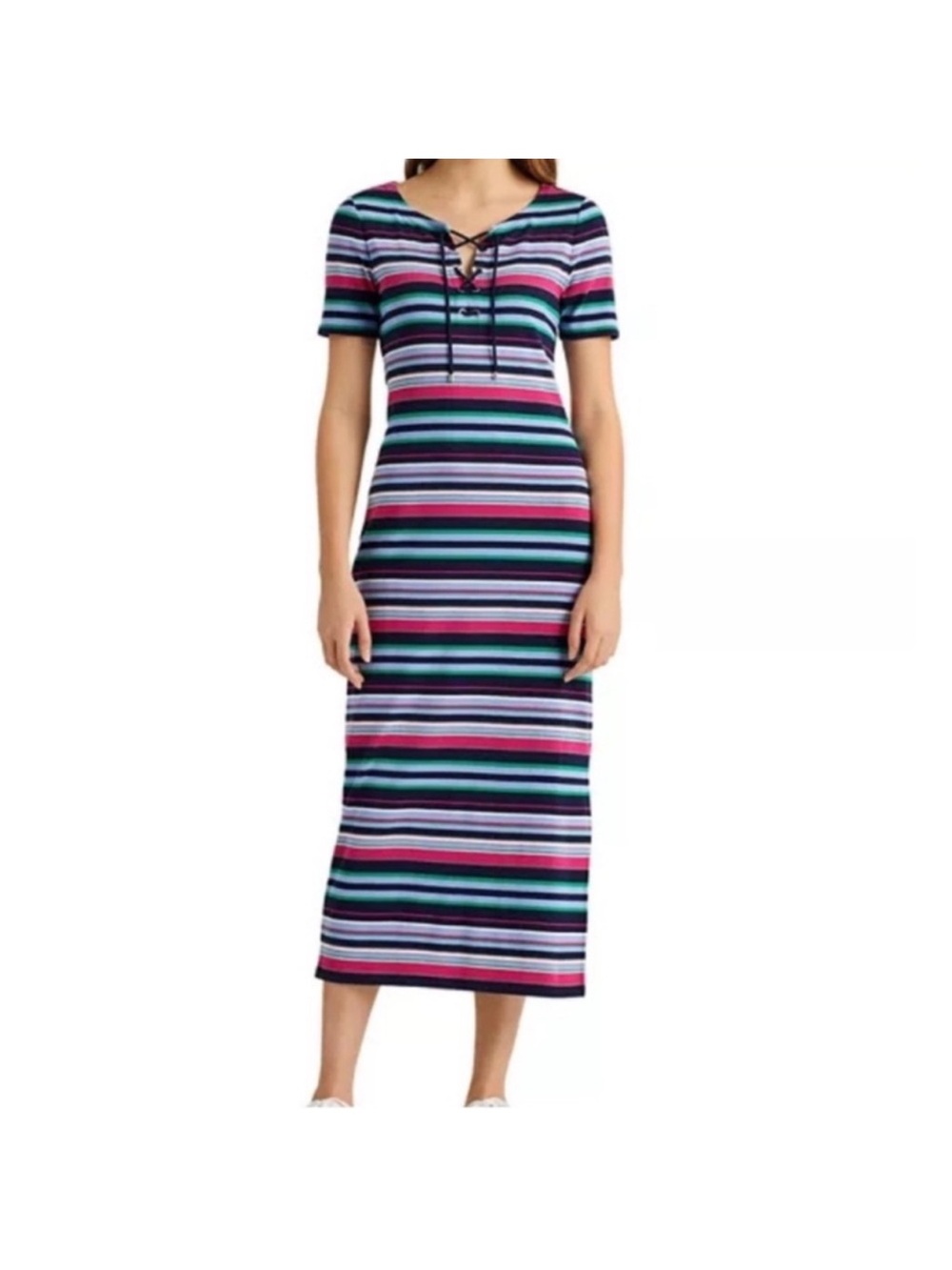 Lauren Ralph Lauren Striped Lace Up Midi Dress Size L $128